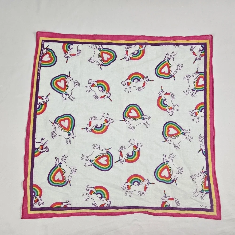 Vintage Unicorn Rainbow Bandana 100% Cotton USA Made 1980's Scarf Handkerchief
